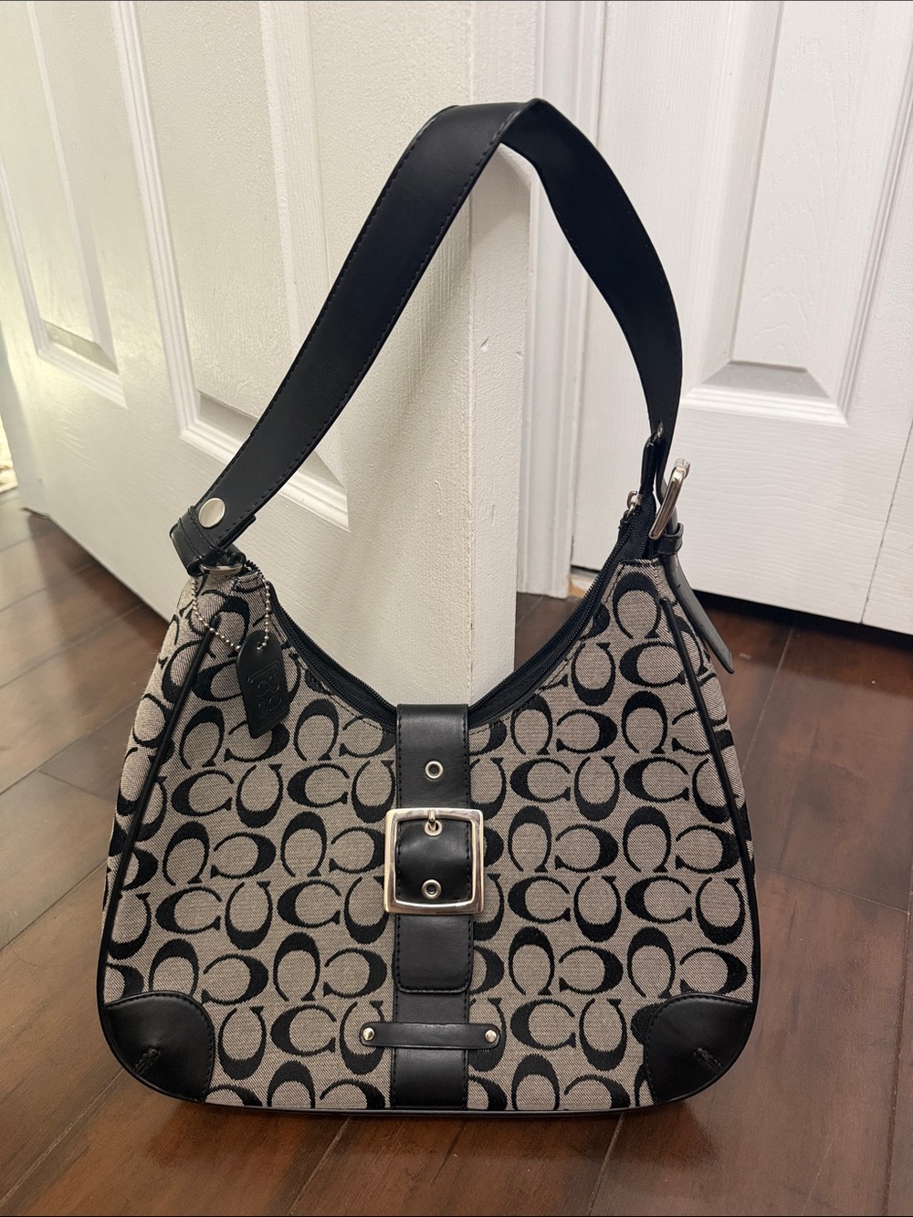 Coach Black and Gray Signature Hobo Shoulder Bag